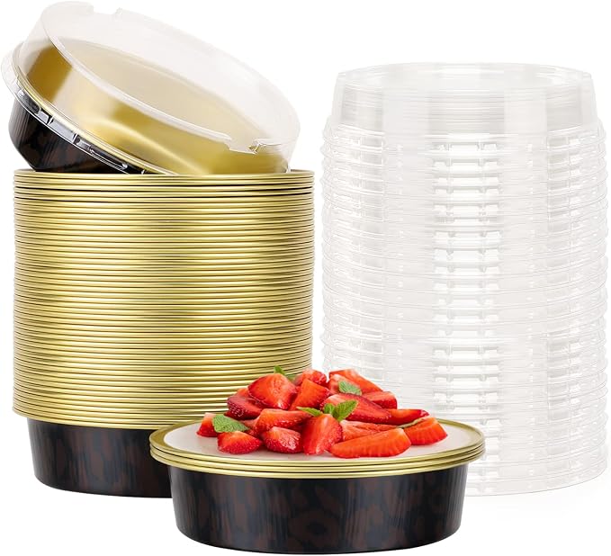 Beasea 50 Pack 4” Mini Pans with Lids, 8oz Disposable Aluminum Baking Foil Tins Round Small Dark Red Spot Container for Individual Cupcake Dessert Muffin Ramekin Cheesecake Quiche Oven Dishes by Beasea