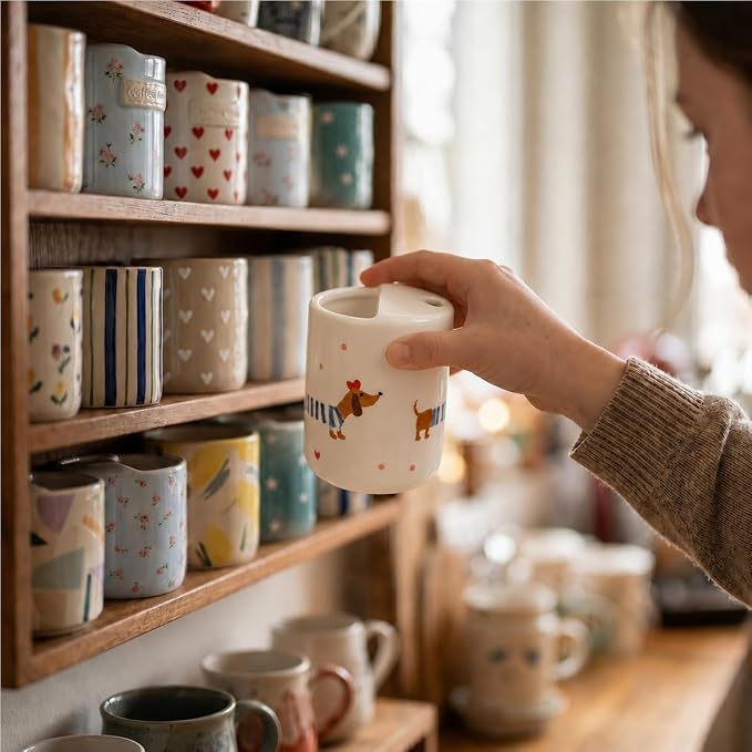 Ceramic Travel Coffee Mug 12 OZ, Cute Dachshund Pattern Coffee Cup, Handmade Style Ceramic Coffee Mug with Sip Hole for Women Men, Office Home Kitchen Gift - Image 8