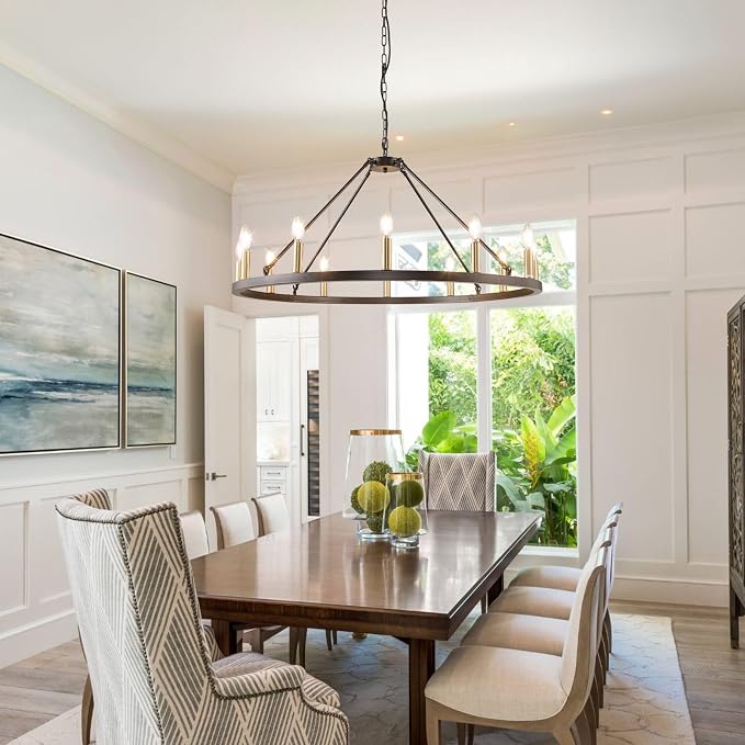 WJShome 37.5" Wagon Wheel Chandelier: The Ultimate Farmhouse Foyer Lighting Fixture - Gorgeous 12-Light Black and Gold Chandeliers to Enrich Your Dining Room! - Image 2