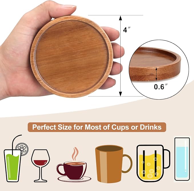 Wooden Coaster Set of 6 Coffee Table Decor Bar Cup Drink Coasters Holder | Acacia Wood Coaster Coffee Bar Accessories Kitchen and Dining Room Outdoor Costers Modern Cute Beer Rustic Farmhouse Decor - Image 7
