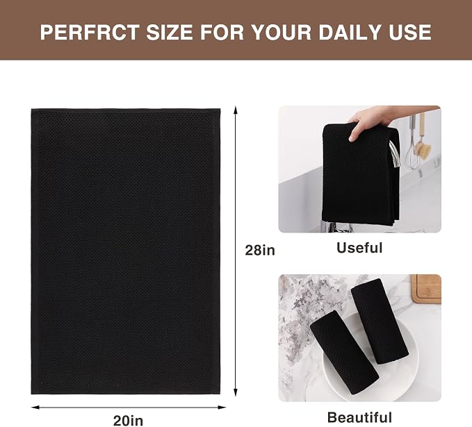 Homaxy 100% Cotton Oversized Waffle Weave Kitchen Towels 12-Pack, Black | 20 x 28 Inches, Ultra Soft Absorbent Dish Towels, Quick Drying Large Cleaning Towels - Image 3