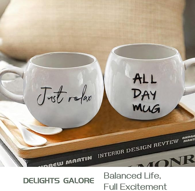 Ceramic Coffee Mugs Set, Just Relax and All Day Design, large capacity heat-resistant handle, Great for Tea Hot Chocolate, Microwave Safe, Modern, Unique Style for Any Kitchen-4pack - Image 5