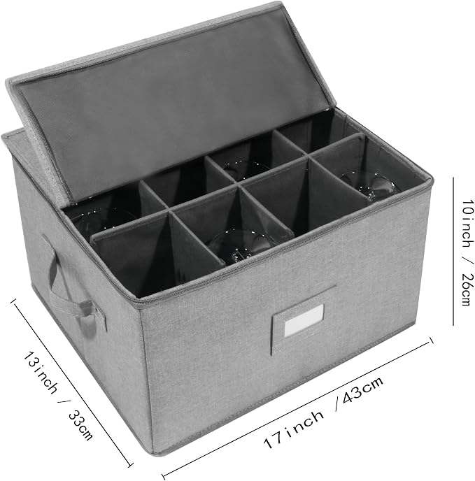 Stemware Storage Cases, Wine Glass Storage Box Containers with Dividers | Stackable China Storage Containers for 12 Wine Glasses, Drinkware, Glassware or Crystal (Light Grey) - Image 3
