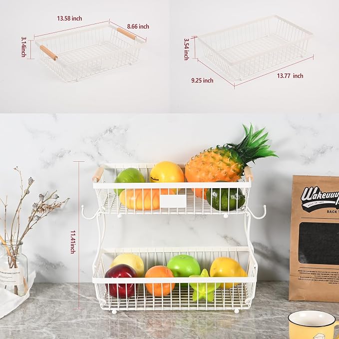 2 Tier Detachable Fruit Basket Bowl with 2 Banana Hangers, Fruit Stand Holder for Kitchen Countertop, Metal Wire Vegetable Storage Organizer, for Bread Snack Veggies Produce, White - Image 2