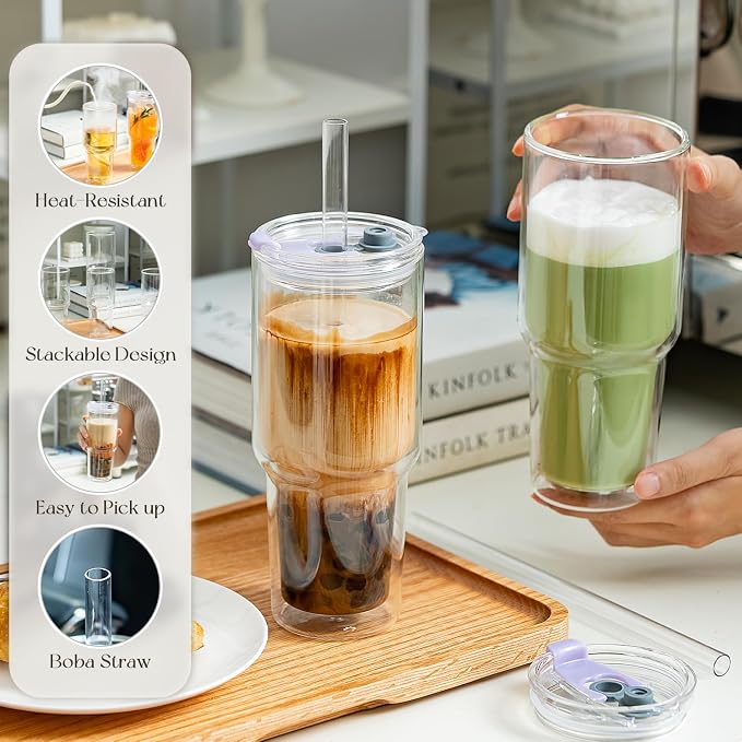 KEMORELA 28 oz Double Wall Glass Tumblers Set of 2, Extra-Wide 13mm Reusable Drinking Straws, Boba Tumbler, Wide-Mouth Water Cups for Iced Coffee, Smoothies, Boba & Tea Lovers (Clear) - Image 5