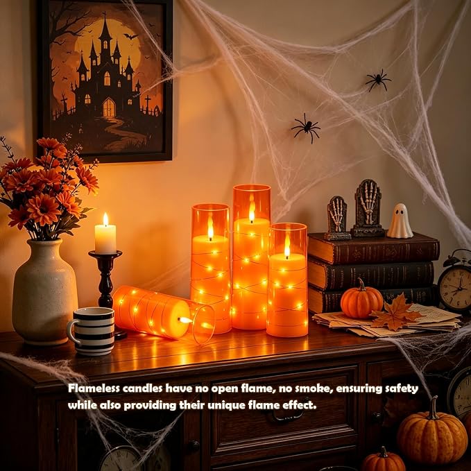 Sasigeiaa Flameless Candles with Embedded Star String - Battery Operated LED Candles, with Remote,7 Orange Flickering Candles for Christmas, Weddings, Home Decor & Party,(D 2.3"×H 5" 6" 7") - Image 4