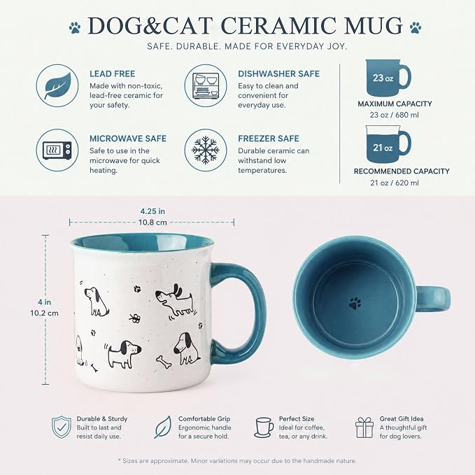 AmorArc 22 OZ Large Ceramic Coffee Mugs Set of 2, Oversized Mugs With Big Handle for Men Women Dad Mom, Big Mug With Textured Dogs Cats Patterns for Office & Home -Microwave Safe, 2 Pcs-Blue - Image 3