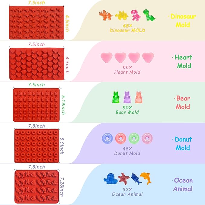 Gummy Bear Mold Silicone for Gummies Candy, 5Pcs Ocean Theme Gummy and Chocolate Molds Silicone for Kids Including Mini Bear, Dinosaur, Dolphin, Starfish, Octopus, Hearts, Donut with 2Droppers