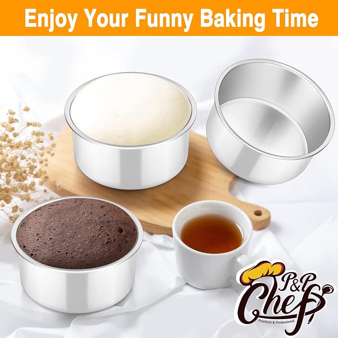 P&P CHEF 4 Inch Round Cake Pan Set of 3, Stainless Steel Baking Cake Pans | Round Baking Cake Pan Bakeware for Layer Birthday Cake, Fit Oven/Pots/Pressure Cooker, Leakproof & Dishwasher Safe, Silver - Image 7