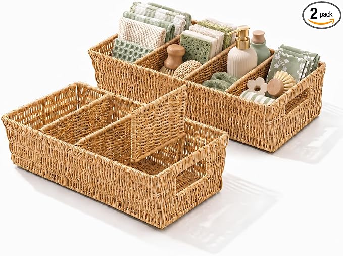Nature-Inspired Rattan Pantry Organizer Baskets Set of 2 with 3 Removable Dividers – Handwoven Storage Bins for Kitchen or Bathroom Organization, Ideal for Snacks, Coffee & Tea (13” x 7.3” x 3.7”) by Cantalop