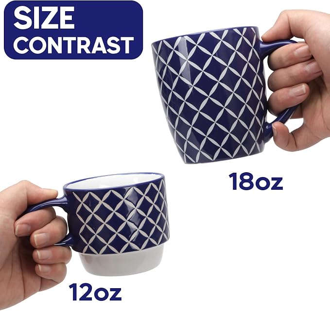 18 OZ Coffee Mugs Set of 6, Geometric Porcelain Large Mug for Man Woman | Blue and White Floral Ceramic Cup for Latte, Tea, Water, Cappuccino, Mocha, Cocoa, Housewarming Wedding Mug Present - Image 3
