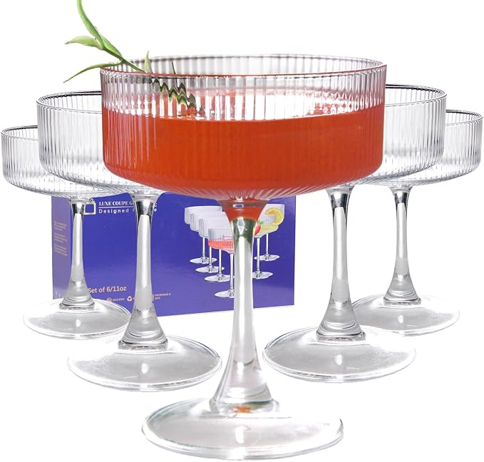 KMIGRUAN 11oz Large Vintage Coupe Glasses Set of 6,Ribbed Cocktail Glasses,Classic Espresso Martini Glasses,Margarita and Champagne Glasses for Bar,Wine,Dessert,Cocktail Glassware Gift Set by KMIGRUAN
