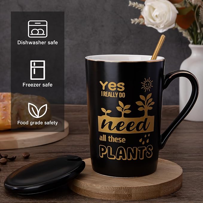 Biching Gardening Gifts for Women Men - Cool Plant Lover Gifts Coffee Mug | Garden Gifts for Gardeners, Plant Lady, Mom, Dad, Son - 14oz Black Ceramic Mug with Gold Print Lid Spoon Card Luxury Gift Box - Image 2
