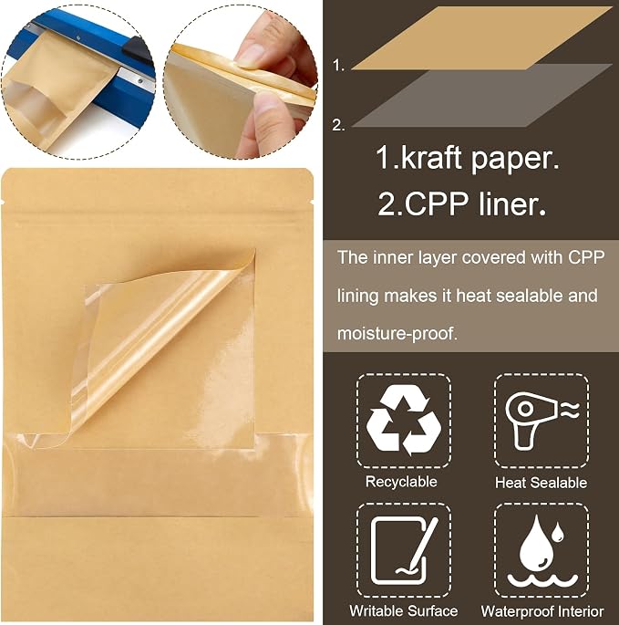 50 Pack Kraft Paper Resealable Bags with Clear Window (4.7 X 7.9 Inches) | Heat Sealable Stand Up Pouch Bags with Tear Notches for Small Business, Spices, Granola Storage - Image 4