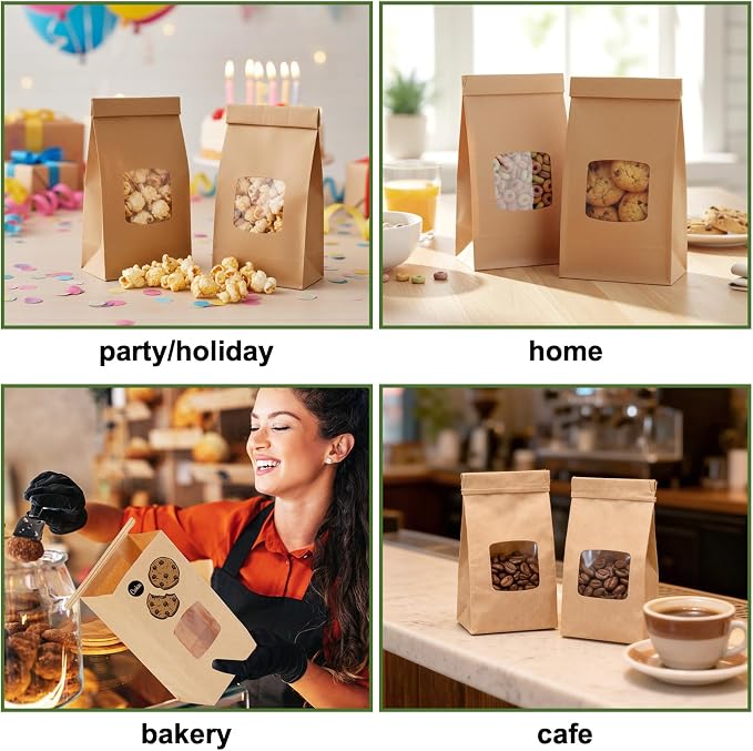 Moretoes 100pcs Small Bakery Cookie Bags with Seal,3.5x2.2x6.7In Treat Bags | Brown Kraft Paper Treat Bag with Window Seal by Tin Tie Tab for Homemade Bread Cookie Pastry Treat Bakery Gift Giving Packing - Image 7