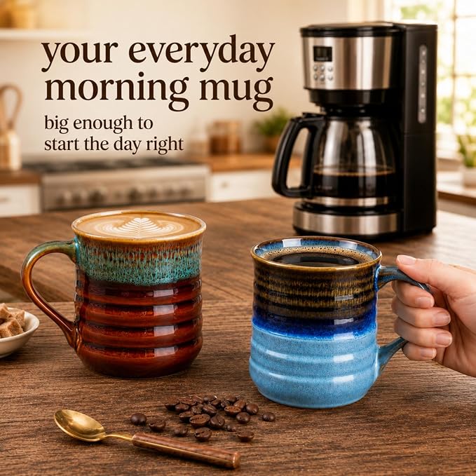 GBhome 18oz Large Coffee Mug Set of 2, Handmade Ceramic Coffee Mugs for Latte/Tea/Beer/Hot Cocoa, Dishwasher & Microwave Safe,Multi-Color - Image 6