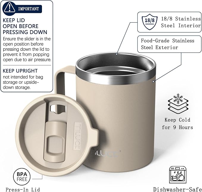 TILUCK 12 oz Insulated Coffee Mug with Lid and Handle | BPA-Free Lid, Double-Wall Vacuum Insulation, Stainless Steel Coffee Cup, Dishwasher Safe Mug for Hot & Cold Drinks, MistyGray - Image 2