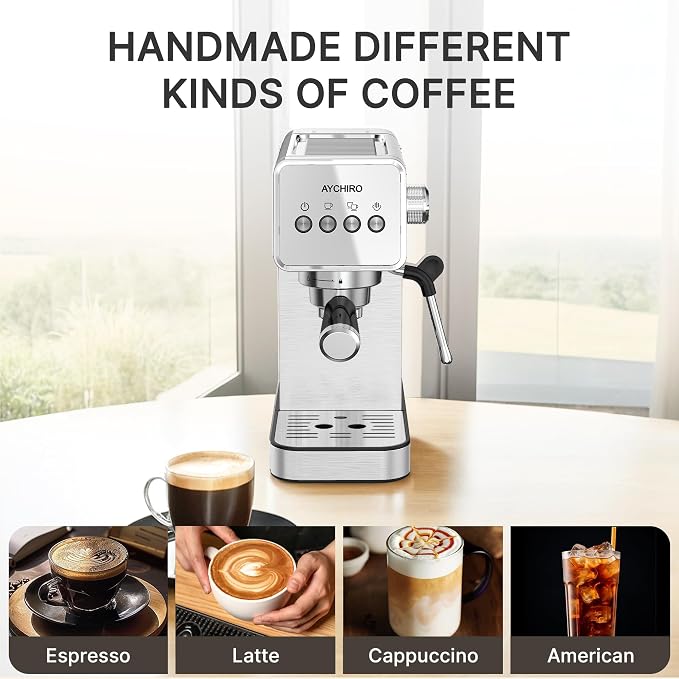 AYCHIRO 20-Bar Espresso Machine with Milk Frother, Professional Espresso Coffee Machine for Home, Stainless Steel Cappuccino Maker, Removable Water Tank & Drip Tray, Silver - Image 5