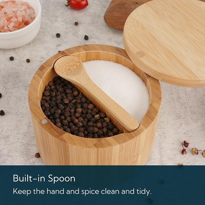 KITCHENDAO Bamboo Salt and Pepper Bowl Box Cellar, Built-in Spoon, Two Compartments Spice Seasoning Container, Sea Salt Cellar Holder, Magnetic Swivel Lid, Dual 5oz Capacity - Image 3