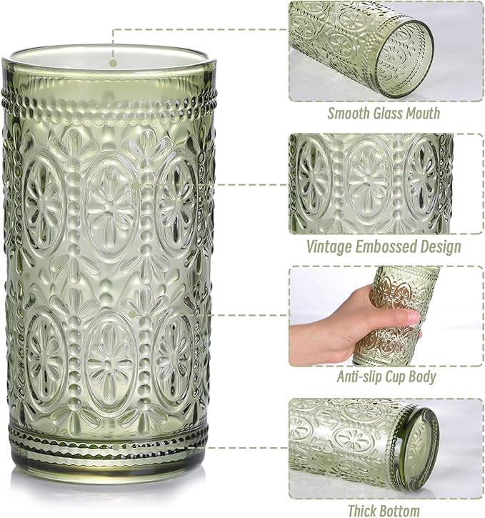 abrwyy Green Glassware, Vintage Drinking Glasses, 12oz Highball Glasses | Lead-Free Glass, Thick&Durable Glass, Home Decoration, Food Grade Glass - Image 3