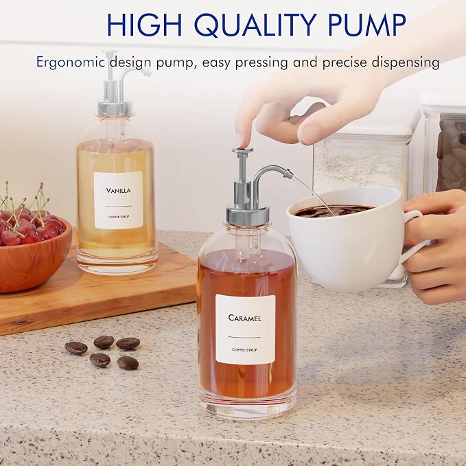 16.9 oz/500 ml Coffee Syrup Dispenser Set - 2 Glass Bottles with Silver Pumper and Syrup Labels - Precise Dispensing and Stylish Addition to Coffee Shop, Cafe or Home Bar - Image 3