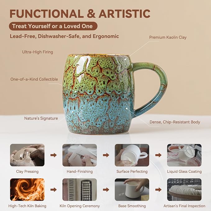 Handmade 22oz Ceramic Coffee Mug, Ergonomic Large Handle, Ideal Gift for Coffee Lovers, Microwave & Dishwasher Safe (Bas-Relief - Green&Blue) - Image 7