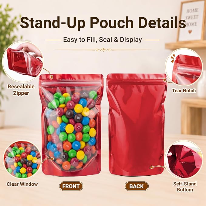ANZNKU 100PCS Mylar Bags Resealable Small Smell Proof Bags(Red, 5.5x7.8) | Stand Up Foil Pouches Clear Window, Sealable Bags for Small Business Packaging Snack Party Favors Candy Treats Food Storage - Image 4