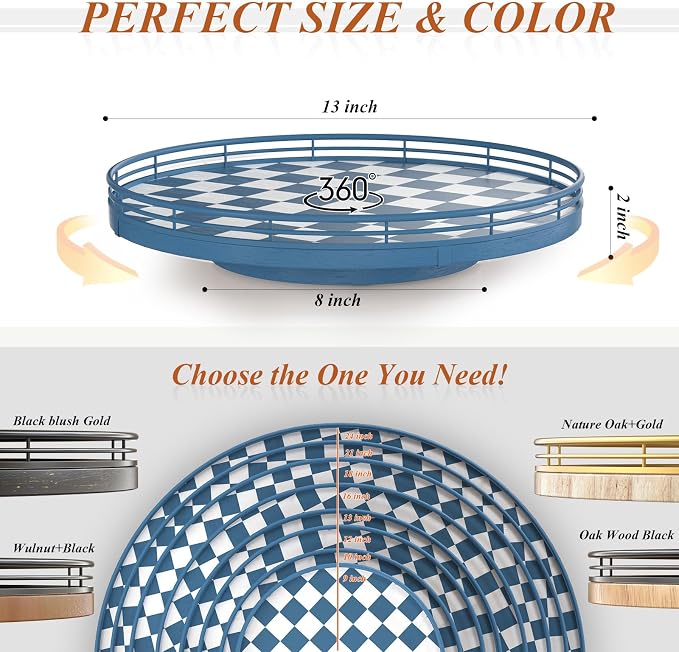 Blue and White Checkerboard Lazy Susan with Rubberwood Base and Metal Rail | Smooth rotating oak tray with walnut finish for dining tables, kitchen counters, pantries and cabinet storage. - Image 6