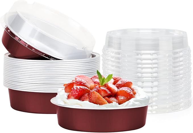 Beasea Disposable Mini Pie Tins with Lids, 20 Pack 4” 7.3oz 215ml Small Round Aluminum Baking Tart Foil Container for Individual Dessert Cupcake Cheesecake Ramekin Quiche Oven Dishes - Wine Red by Beasea