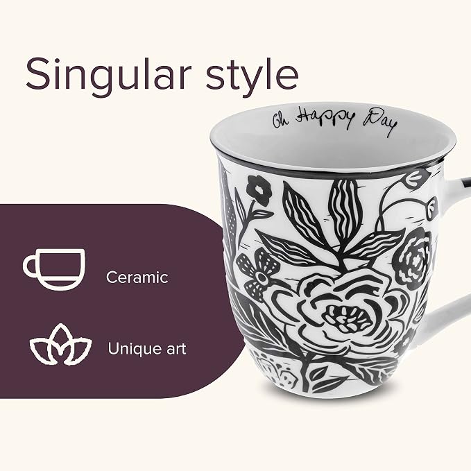 Karma Gifts 16 oz Black and White Boho Mug Floral - Cute Coffee and Tea Mug - Ceramic Coffee Mugs for Women and Men, 4.25" x 3.7" - Image 3