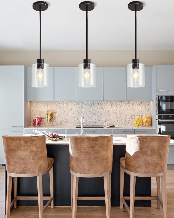 Brown and Gold Pendant Lights Kitchen Island - Clear Glass Pendant Light Fixture Multiple Stems Rods 3 Units 12 Inch 3 Units 4 Inch (1 Pack Brown and Gold Downrod) - Image 6