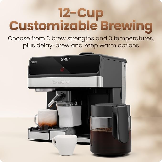 Chefman Coffee Maker Espresso Machine Combo, 8-in-1 Coffee Station with Automatic Milk Frother for Lattes, Cappuccinos, Macchiatos, 20-Bar Pump, 12-Cup Carafe & 3L Water Tank - Black - Image 6