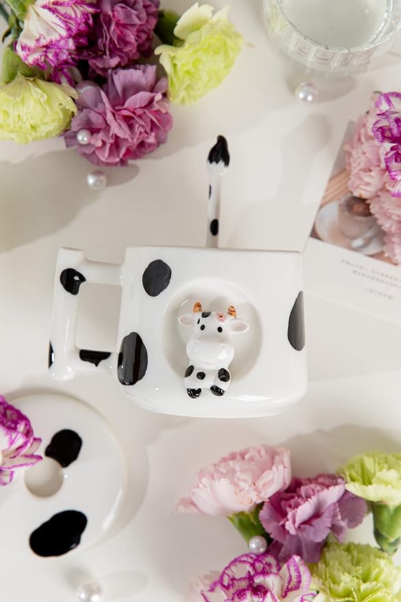 DIHOclub Adorable 3D Ceramic Cow Mug with Lid and Spoon - Perfect for Coffee, Tea, Milk, and More - Ideal Gift for Animal Lovers Gift for Mather- 14 Ounces(BLack white) - Image 2