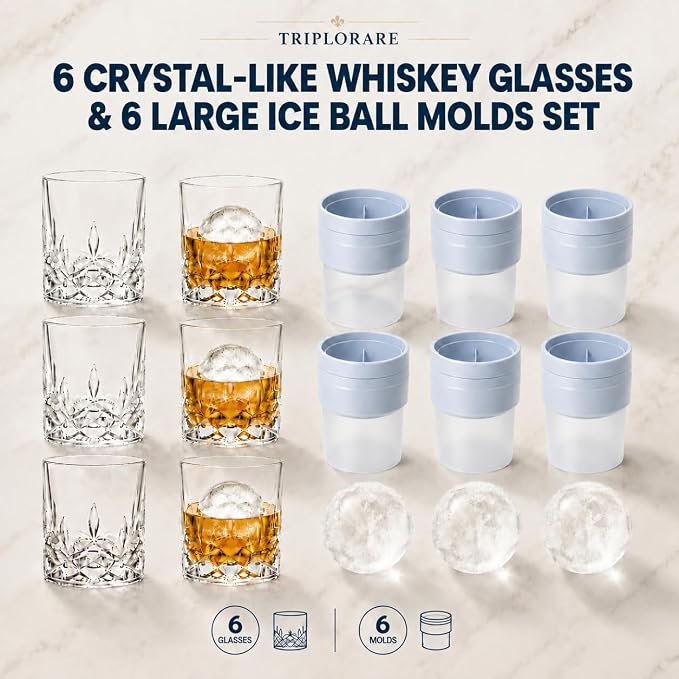 12-Piece Whiskey Gift Set with 6 Whiskey Glasses & 6 Ice Ball Molds | 11 oz rocks glasses with BPA-free large ice ball molds for bourbon, scotch, cocktails, home bars and gifting - Image 2