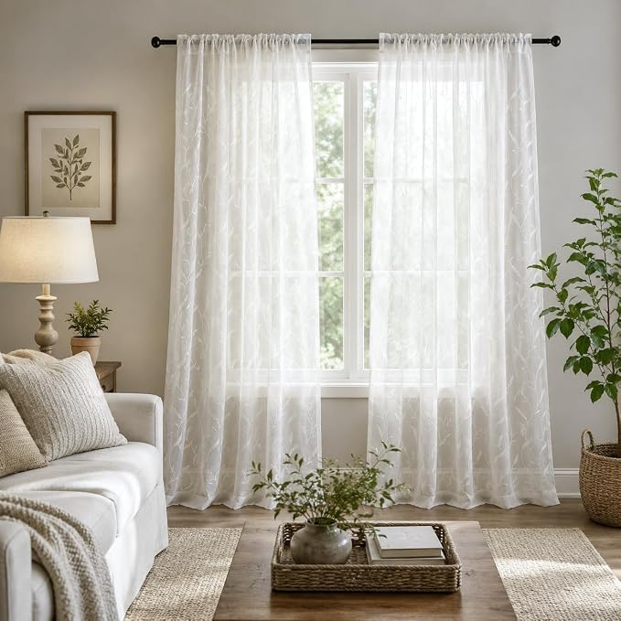 White Rod Pocket Sheer Curtains 96 inches Length Embroidered Window Curtain Sheer Voile Panels for Living Room & Bedroom, 60x96, Two Panels - Image 2