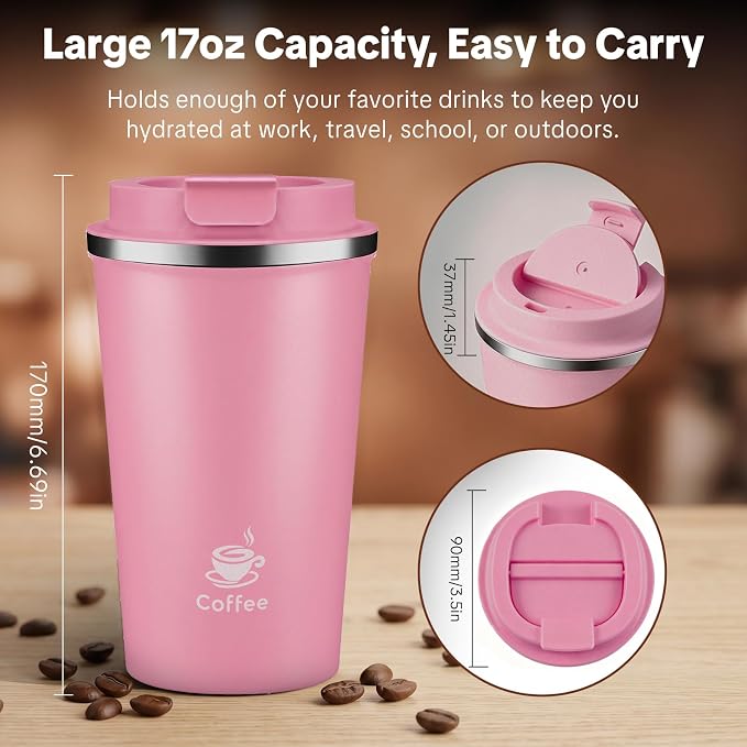 17oz Travel Coffee Mug ,Leakproof Vacuum Coffee Cup Insulated Tumbler | 304 Stainless Steel, Double-Wall Vacuum Insulated, Leakproof, Fits Hot & Cold Drinks Car Cup Holders, Travel, Office - Image 2