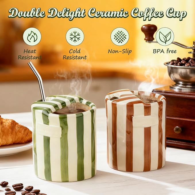 Retro Ceramic Coffee Mug with Sip Hole, Handmade Cute Espresso Cup 10oz | Hand Painted Striped Ceramic Iced Coffee Tea Travel Mug Latte Cup for Kitchen Dining Office, Holiday Gift for Her Him - Image 4