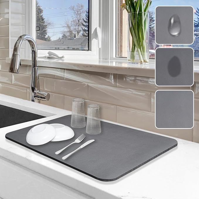 Dish Drying Mat for Kitchen Counter, 12"x19" Pad with Rubber Backed (Grey) | Hide Stain Anti Absorbent for Kitchen Counter, Non-slip Drying Mat for Coffee Machine Dish Rack by Etomiel
