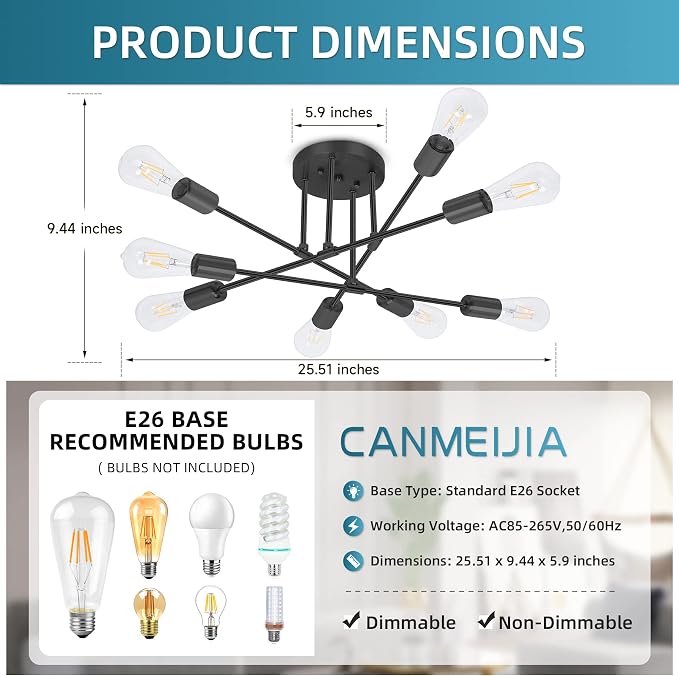CANMEIJIA Sputnik Light Fixture, 8-Lights Black Sputnik Chandelier, Modern Ceiling Lights, Semi Flush Mount Ceiling Lights Fixture for Bedroom, Dining Room, Kitchen, E26 Base, Bulbs Not Included - Image 2