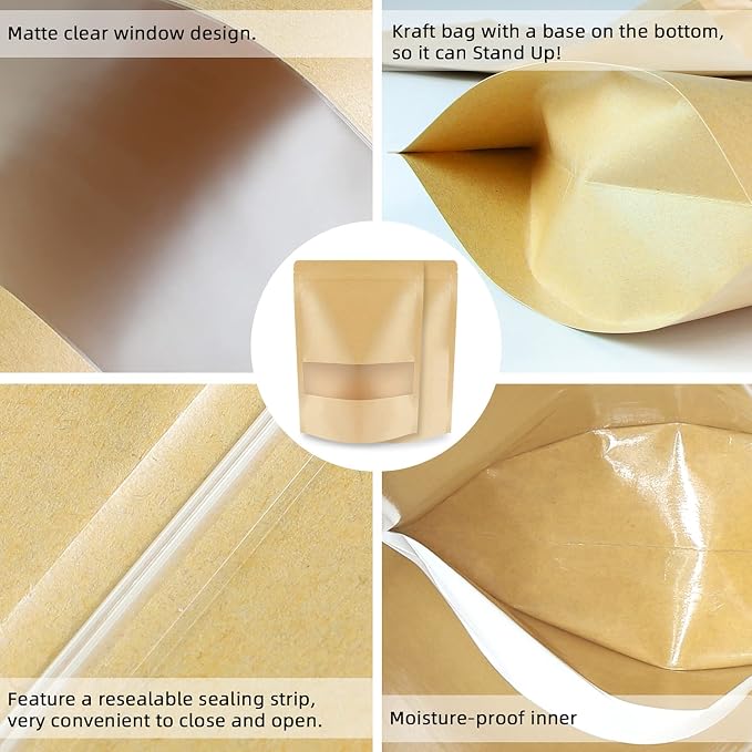 100 Pcs Kraft Stand Up Pouches 3.5 x 5.5 Inch Resealable Food Storage Bags with Matte Window for Packaging - Image 3