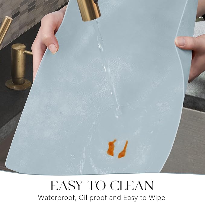 MOSAYT Vinyl Placemats Set of 12-12 X 17 Inch - Faux Leather 100% Waterproof Oil-Proof Wipeable PU Place Mats, Heat Resistant Reversible Table Mats for Kitchen, Dining, Outdoor, Light Grayish Blue - Image 4