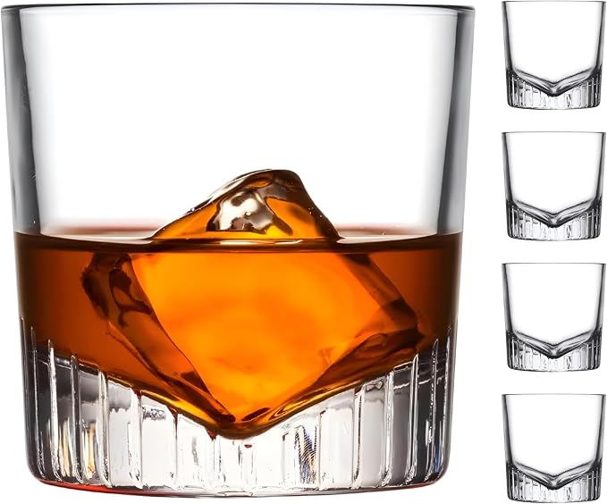 NUDE Whiskey Glasses Set of 4 – Caldera 9.25 oz Lead-Free Crystal Old Fashioned Rocks Glasses for Whisky, Scotch & Bourbon – V-Shape Motif Base, Dishwasher Safe Barware by NUDEGlass