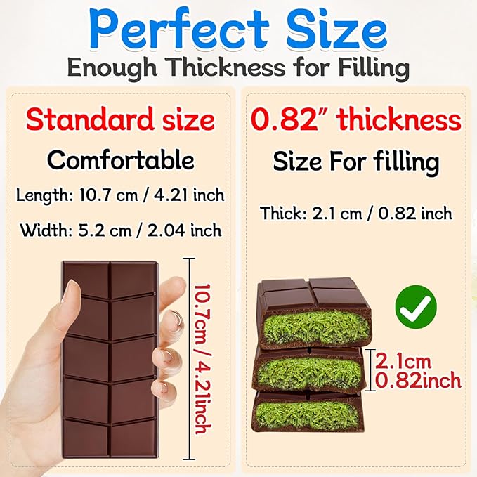 Chocolate Bar Molds Silicone Non Stick 0.82inch Deep,2 Pack Thick Dubai Shapes Chocolate Stuffed Bar Mold Kit for Filling Knafeh Candy with 100pcs Bags and 104pcs Stickers
