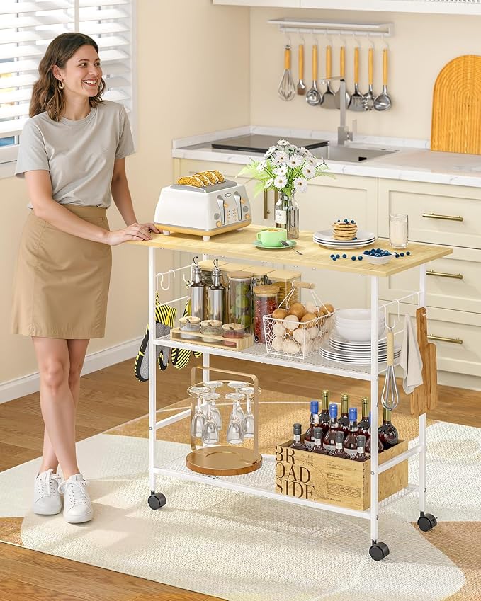 Kitchen Island with 3 Shelves, Rolling Kitchen Cart with 6 Hooks and Protective Shelf, Microwave Stand on Lockable Wheels, Bakers Rack Coffee Bar for Dining, Living Room, Outdoor, Metal Frame, White - Image 4
