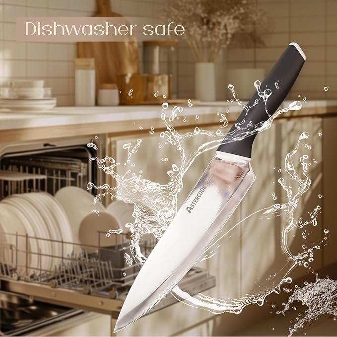 Astercook Knife Set, Kitchen Knives with Block and Sharpener 15 Pcs German Stainless Steel Knives Sharp Blade Dishwasher Safe Deba Knives with Ergonomic Handle, Elegant Black - Image 8
