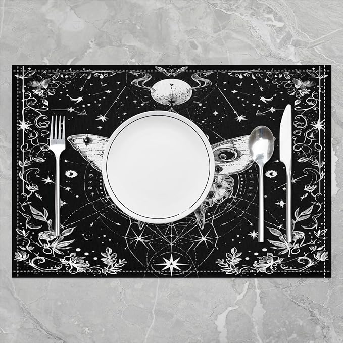 Feelyou Sun Moon Placemats Set of 4 18"x12" Bohemian Moth Placemat for Kitchen Dining Table Decor Indoor Outdoor for Kids Teens Adults Galaxy Astrology Space Table Place Mats, Death Moth - Image 2