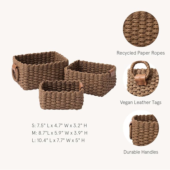 LA JOLIE MUSE Small Wicker Baskets for Organizing, Brown 3 Pack | Decorative Organizer with Vegan Leather Tag, Round Handle, Storage Baskets for Shelves, Bedroom, Kitchen, Office and Home - Image 4