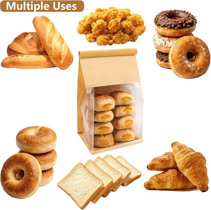 50 PCS Bread Bags for Homemade Breads, 11x5.1x3.9 Inch Resealable Cookie Bags with Tin Tie Tab Lock, Paper Bakery Bag with Window for Packaging Bagels, Muffin, Scone, Brownie, Baked Goods Storage - Image 5