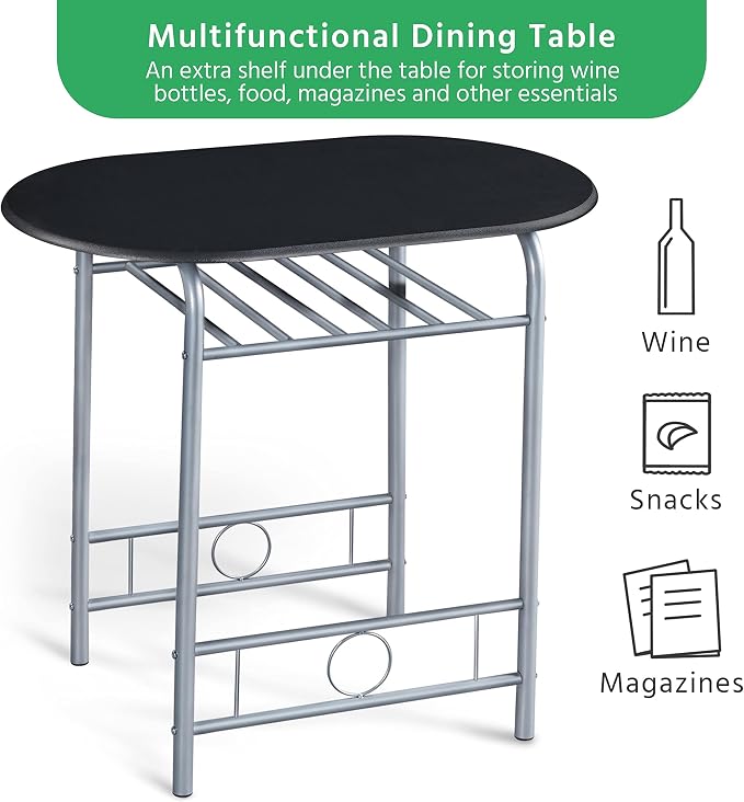 Yaheetech 3-Piece Dining Room Table Set, Kitchen Table & Chair Sets for 2, Compact Table Set w/Steel Legs, Built-in Wine Rack for Breakfast Nook, Small Space, Apartment, Black, 31.5x21x29" (LxWxH) - Image 4