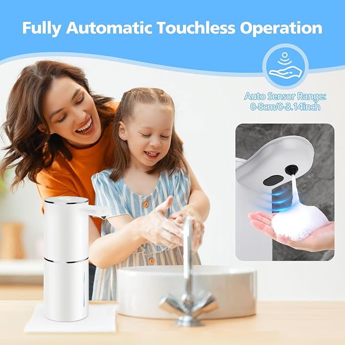 Automatic Foaming Soap Dispenser Touchless, 15.55 oz/460mL USB C Rechargeable Hand Sanitizer Dispenser with Auto Clean, 5 Adjust Volume,°C&℉ display, Waterproof Pump for Bathroom Kitchen (White)